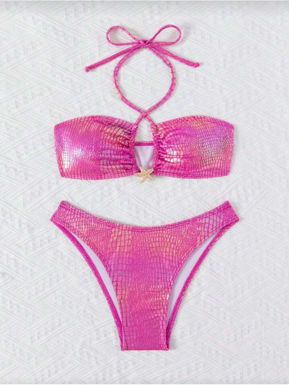 Pink Metallic Croc-Texture Bikini Set with Starfish Accent